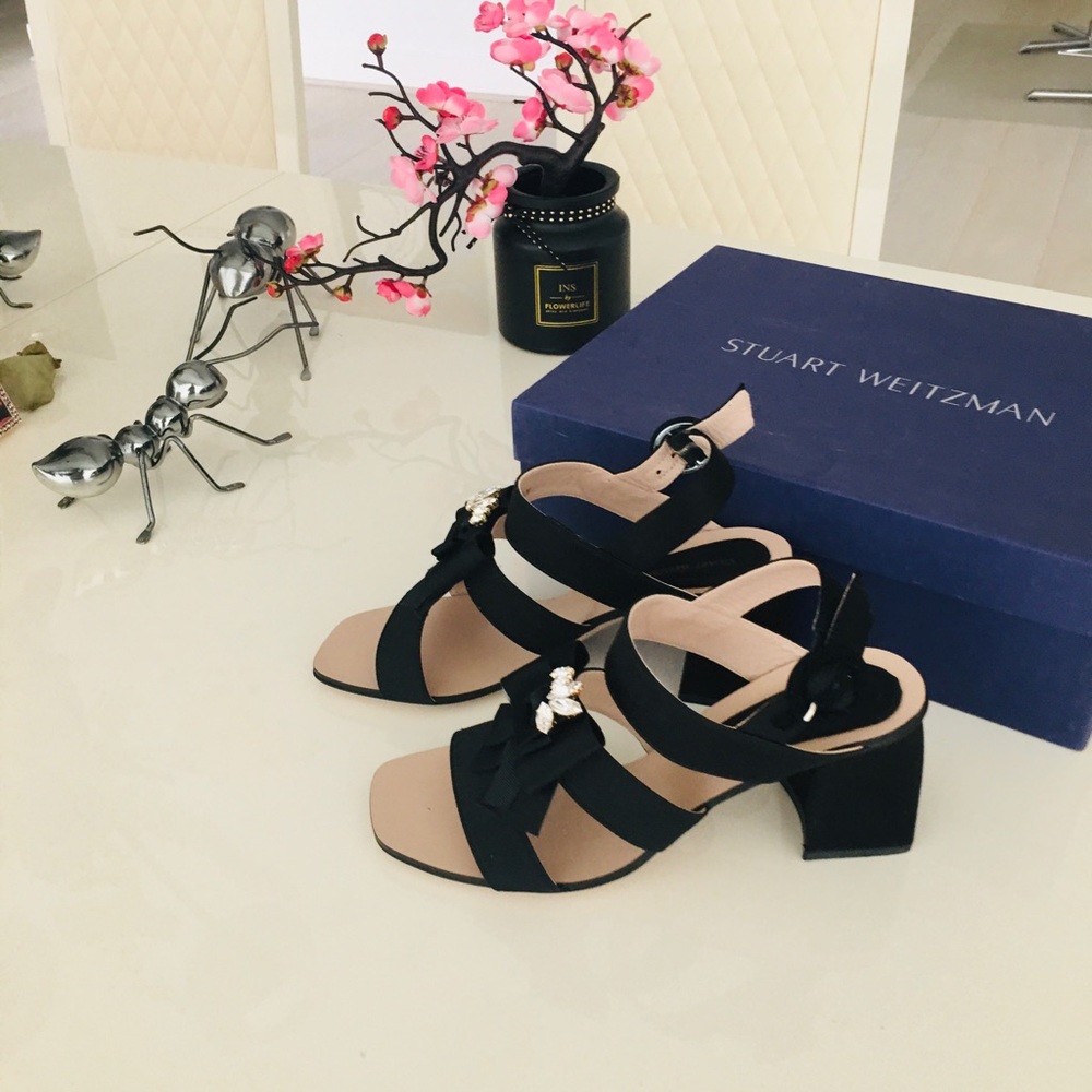 $485 Stuart Weitzman Donna Heels Silk with Crystals Black  Sandals size 6.5 NWB
